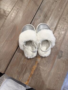 Cat & Jack White Faux-Fur Slip-Ons with Silver Metallic Toe